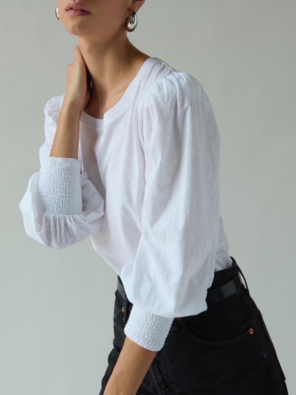 Nation LTD Loren Tee White Pima Cotton Puff Sleeve Smocked Cuff Top - Picture 15 of 16